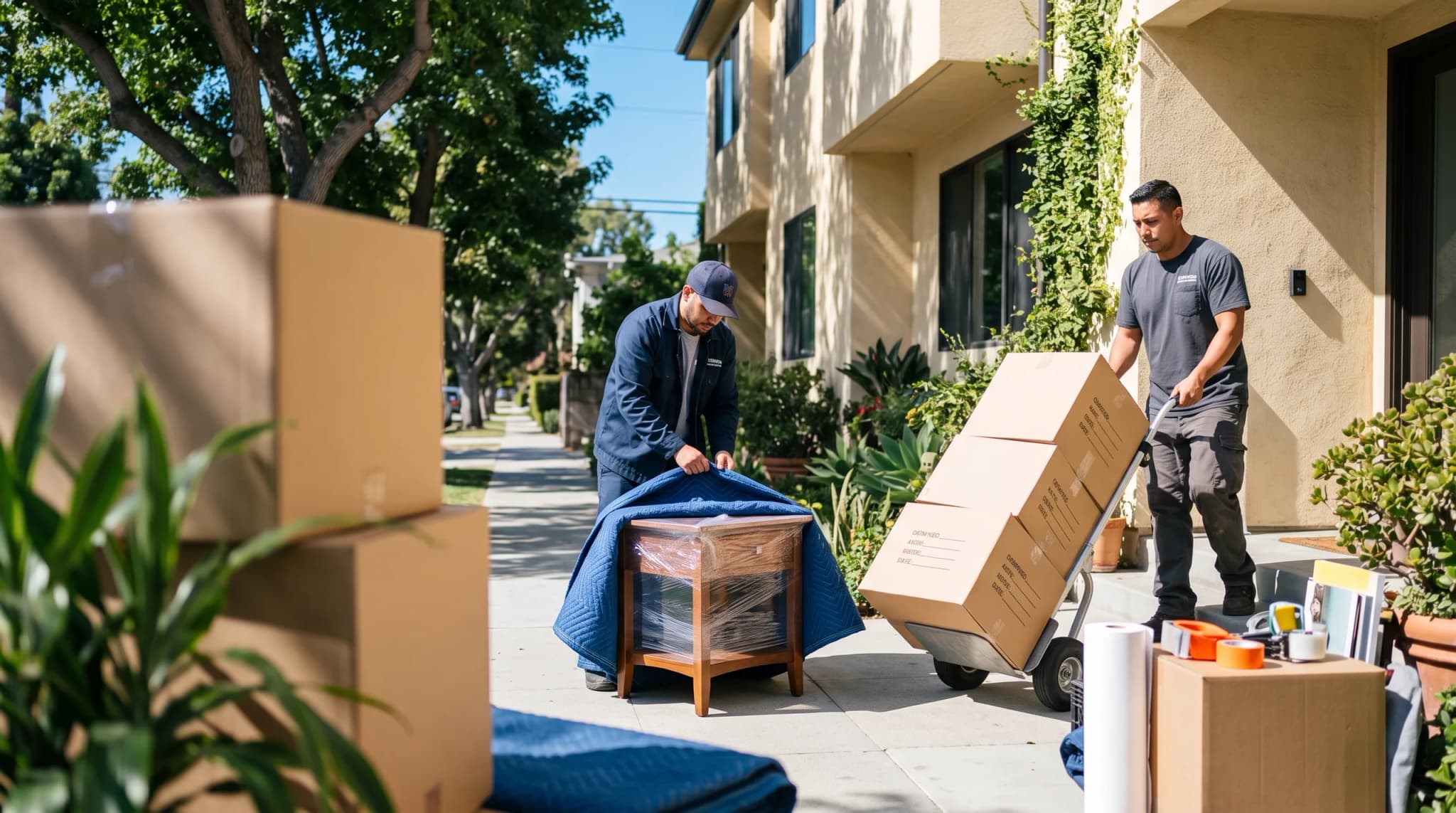 Movers carrying boxes to a truck on a Los Angeles street