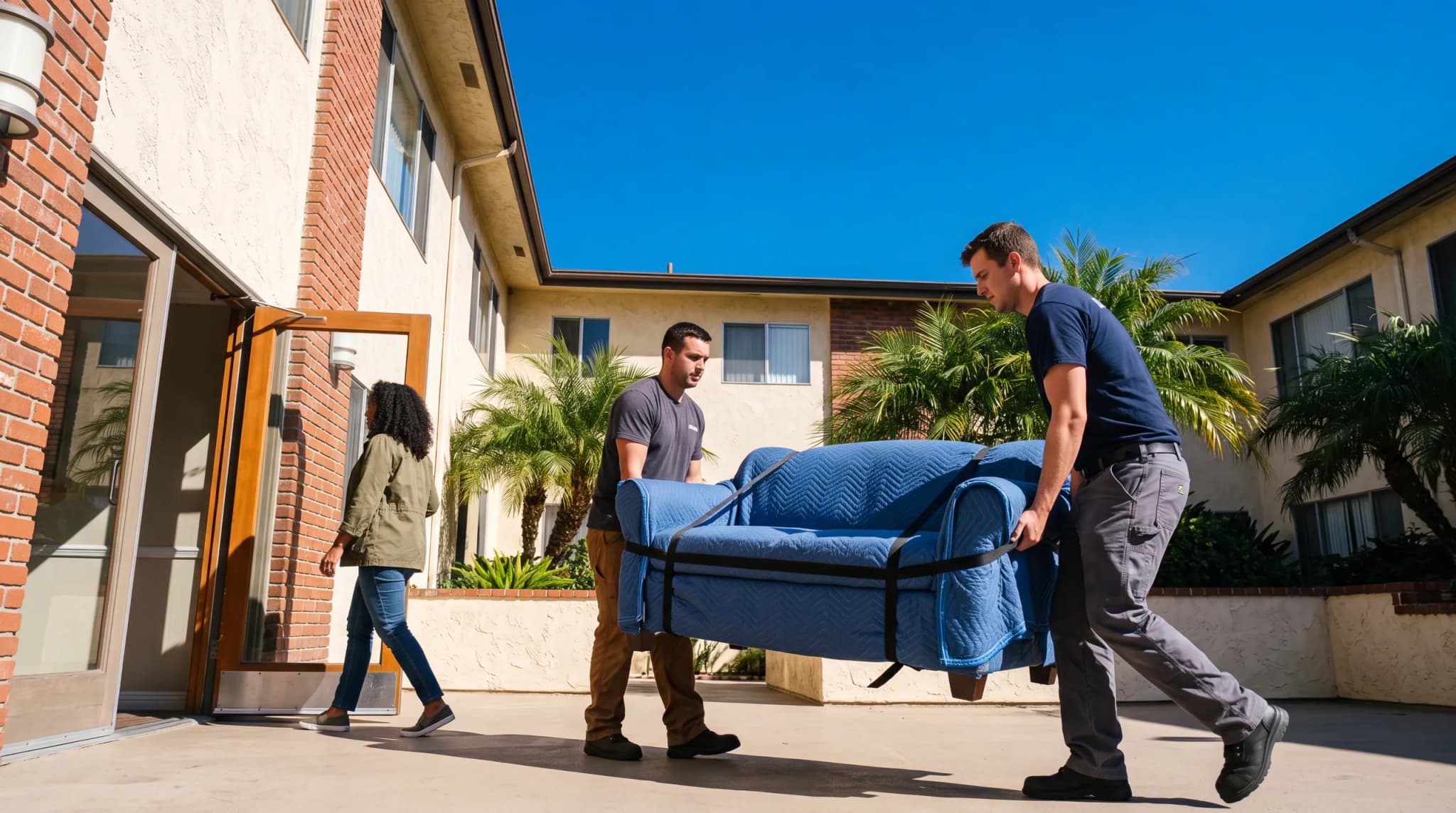 Movers carrying a sofa into a Los Angeles home