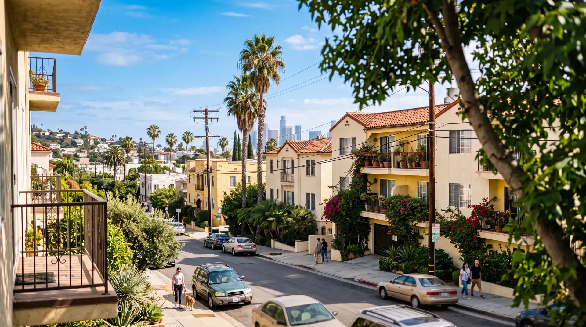 Aerial view of a Los Angeles neighborhood with palm trees