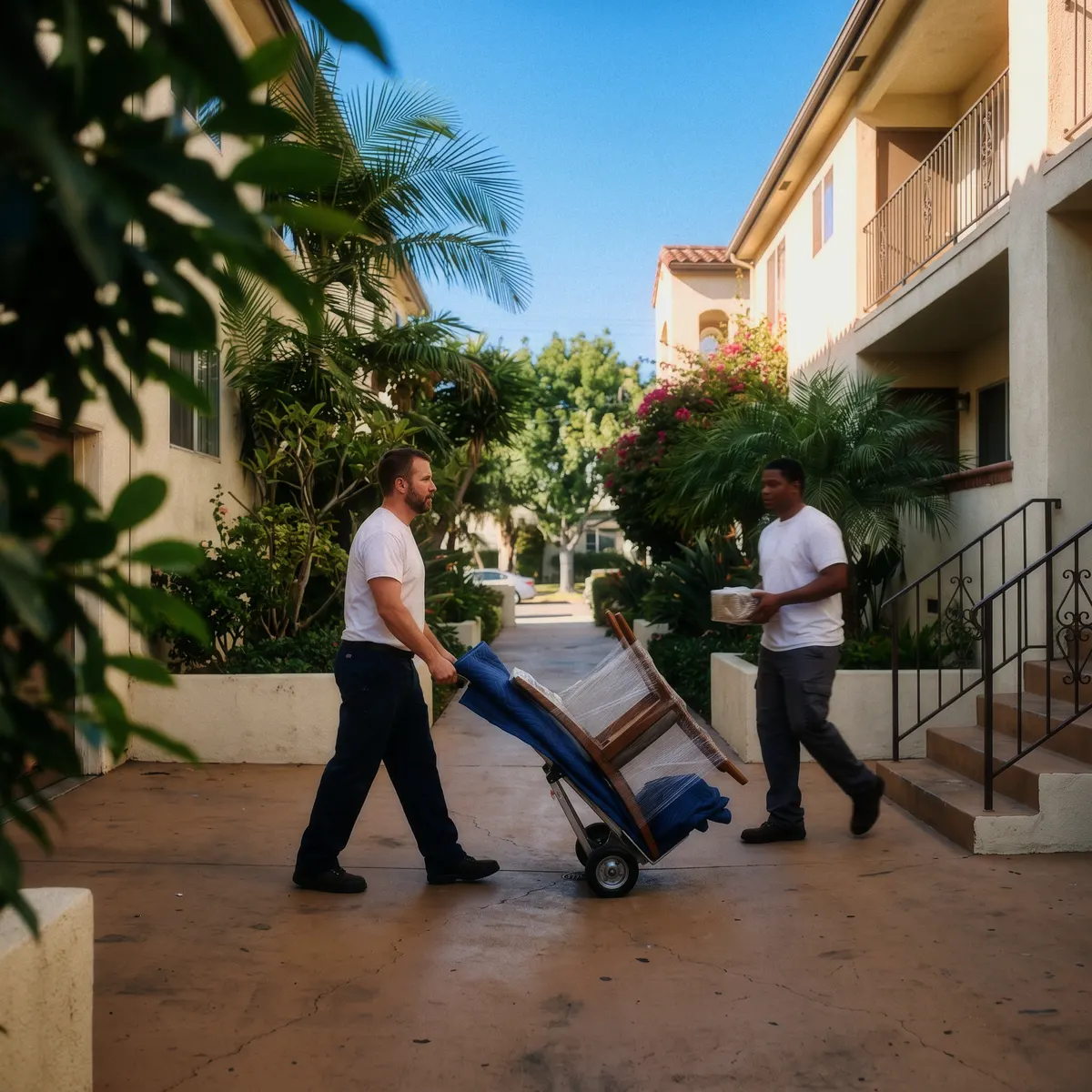 Movers carrying a sofa across a Los Angeles street