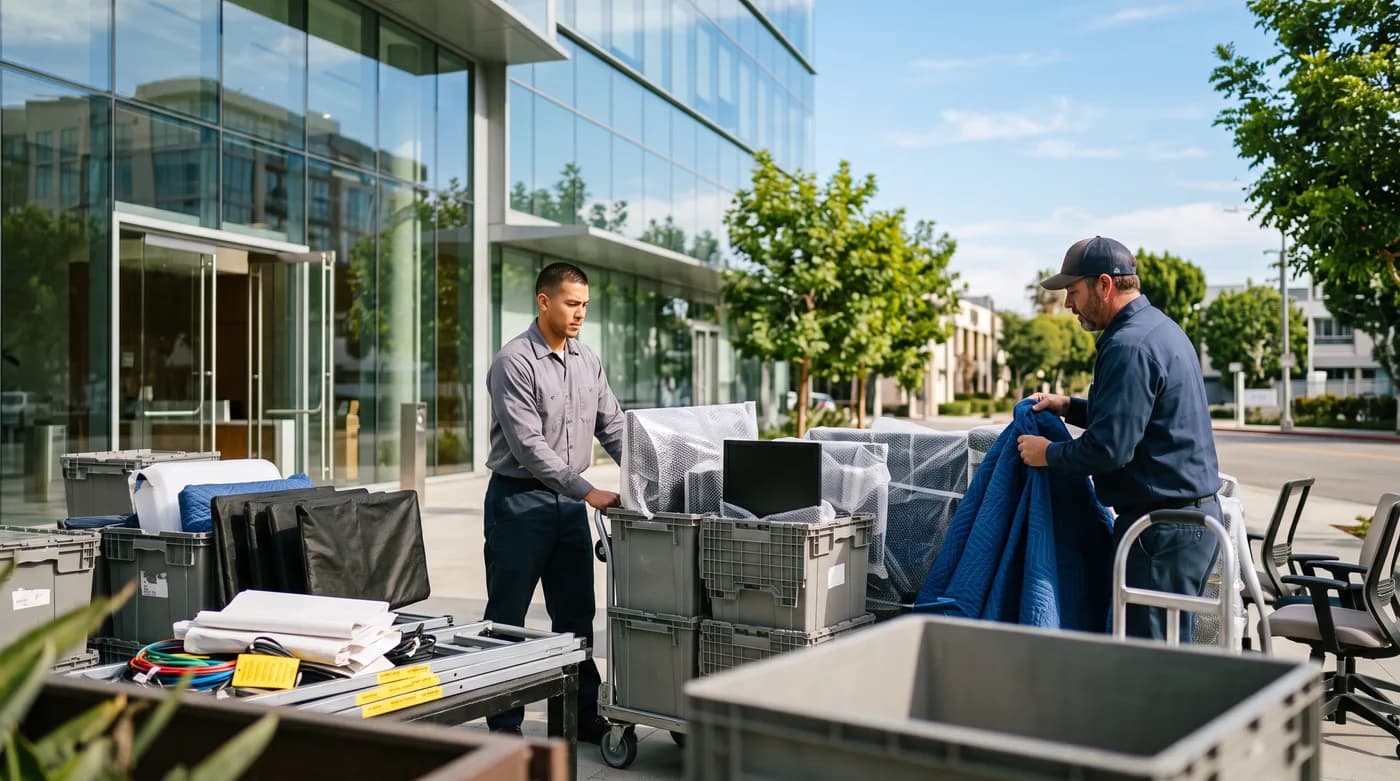 Movers carrying office equipment